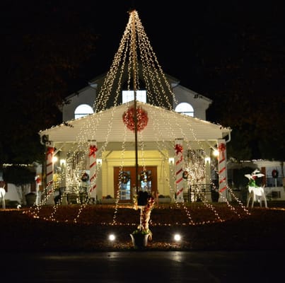 Exterior view of a facility decorated for the holidays