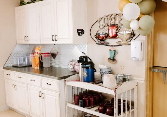 Coffee station in a bright facility kitchen area