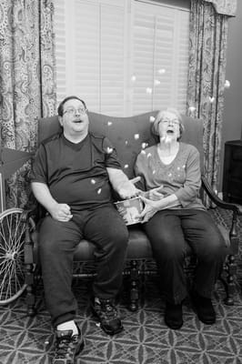 Residents enjoying a fun moment with popcorn