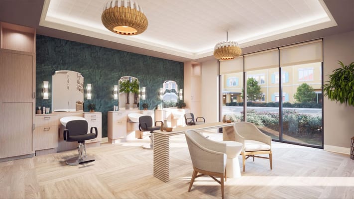 Interior salon area with seating and mirrors