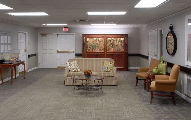 Interior lounge area with seating and decor
