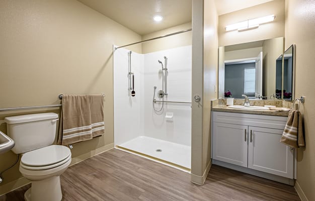 Bright, accessible bathroom in a senior living facility