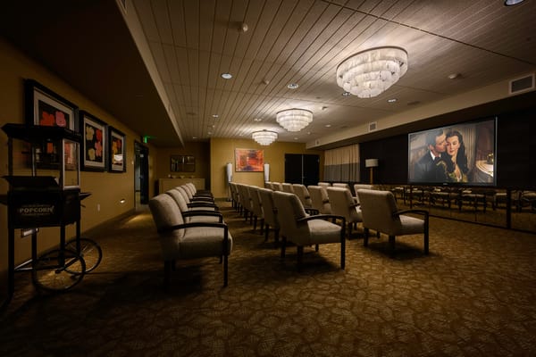 Interior view of a movie theater area with seating