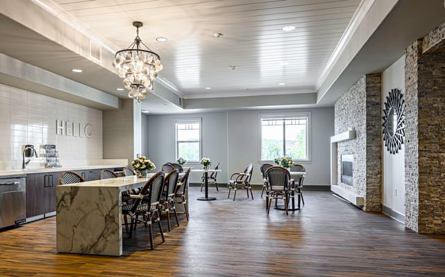 Bright and spacious common area with seating
