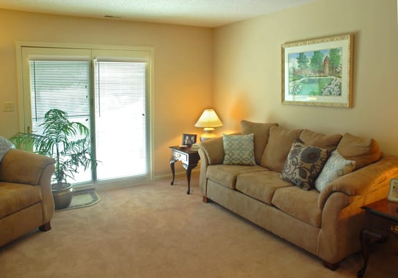 Cozy living room with beige couch and plant
