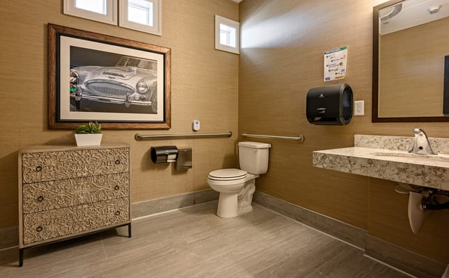 Modern restroom with granite counter and stylish decor