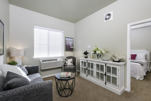 Cozy living room area in assisted living unit