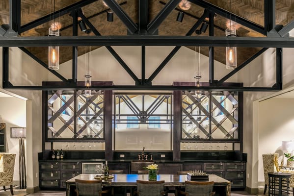 Interior view of a stylish common area with high ceilings