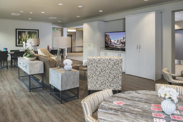 Bright common area with seating and decor