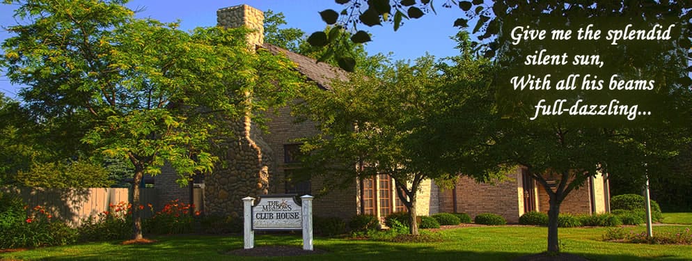 Exterior view of The Meadows Club House surrounded by greenery