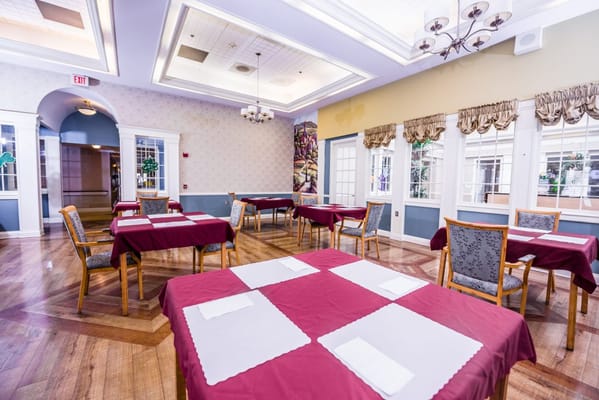 Dining area with tables set and ready for service
