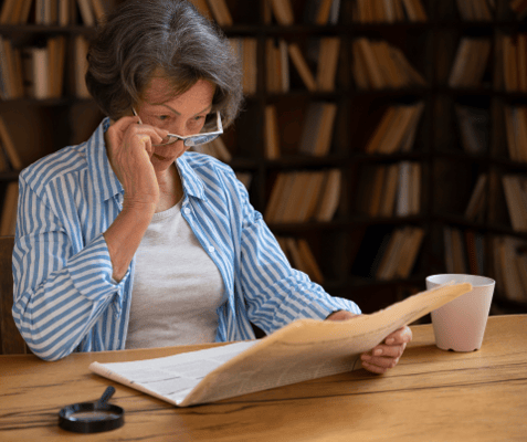 Resident reading in a library-like room
