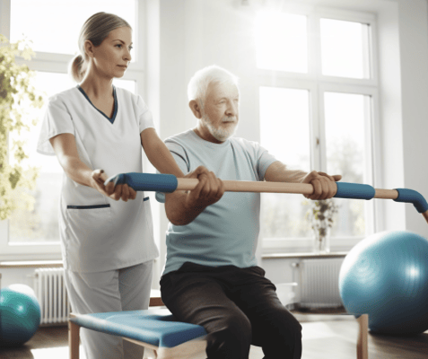 Therapist assisting a senior man with exercises in a bright room