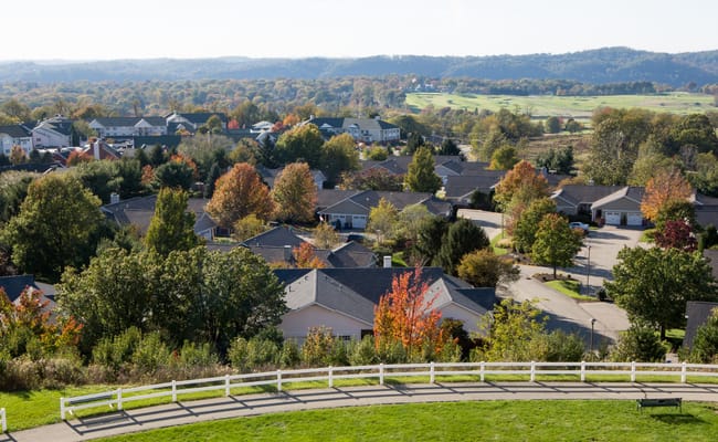 Aerial view of the facility and surrounding area in autumn