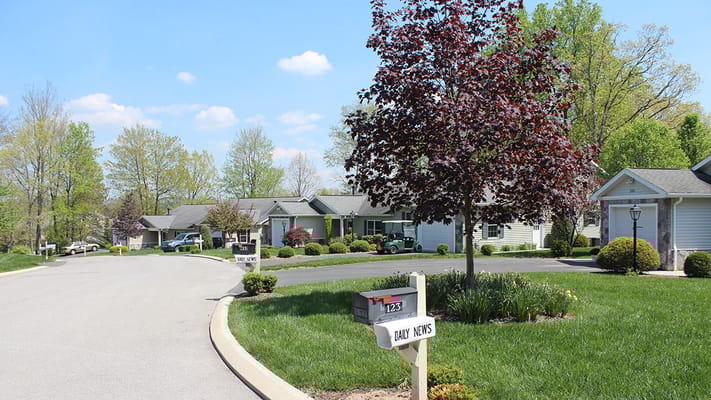 A serene outdoor view of the senior living community