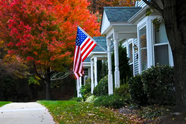 A sidewalk view of a community with autumn foliage and an American flag