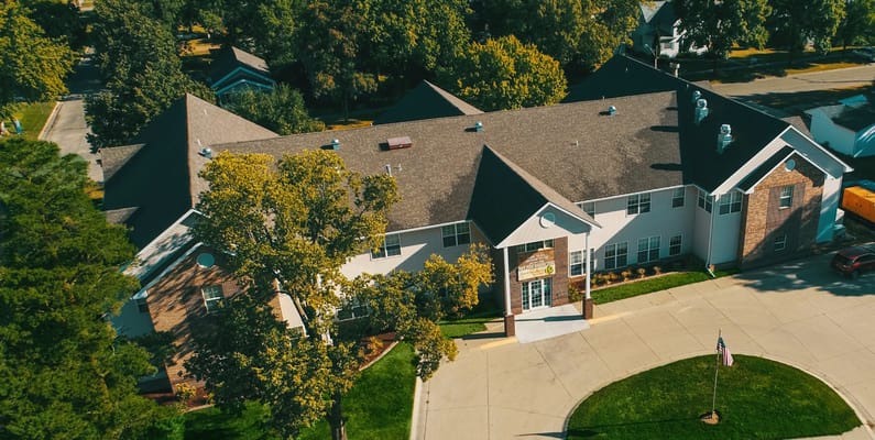 Aerial view of the United Living Community building.