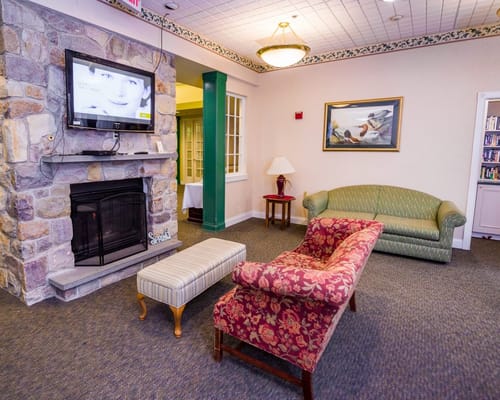 Cozy common area with fireplace and seating