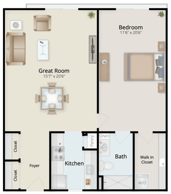 Architectural floor plan of a one-bedroom unit