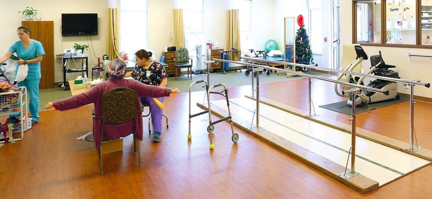 Residents engaged in therapy activities in a bright interior
