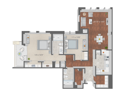 Architectural floor plan of a resident unit layout