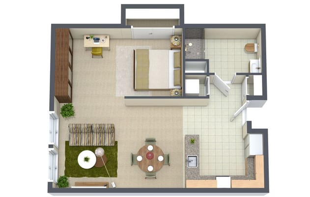 A floor plan layout of a resident room