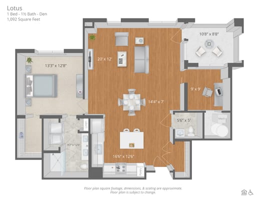 Architectural floor plan of a 1 Bed, 1.5 Bath unit