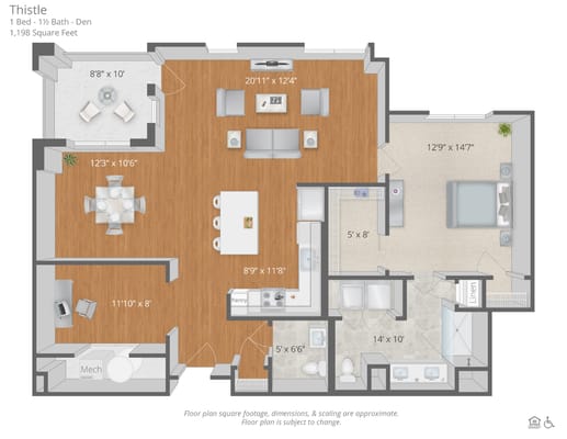 Architectural floor plan for a one-bedroom unit
