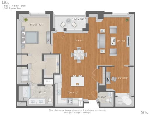 Architectural floor plan of a one-bedroom unit