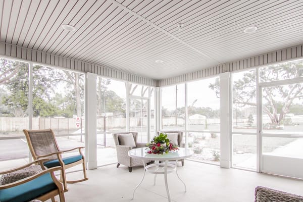 Bright common area with seating and plants