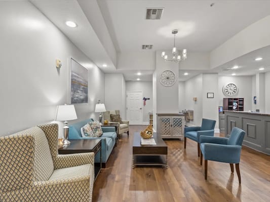 Bright interior common area with seating