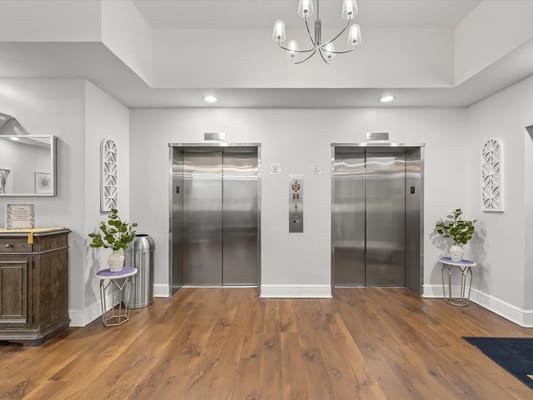 Elevator area with modern decor and wooden flooring