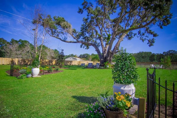 Spacious outdoor area with garden and seating