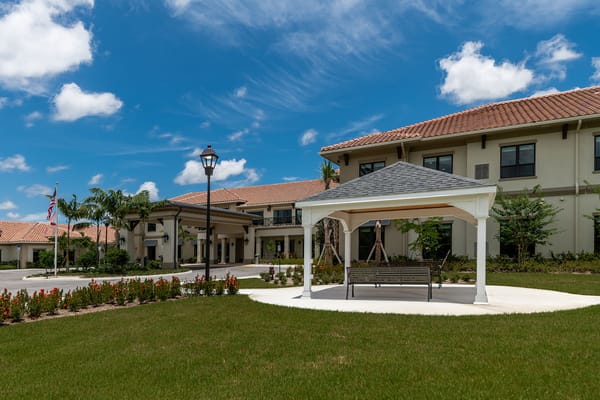 Outdoor seating area in front of the facility