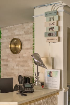 Interior reception area with decorative sign