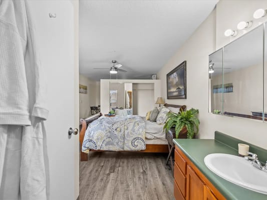 Charming interior of a resident bedroom with decor