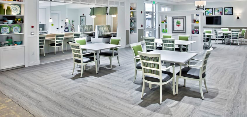 Bright dining area with modern furniture