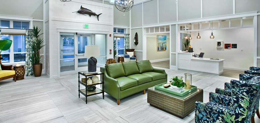 Bright common area with seating and decor