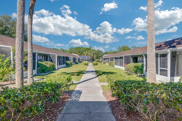 Pathway lined with greenery and buildings in the background