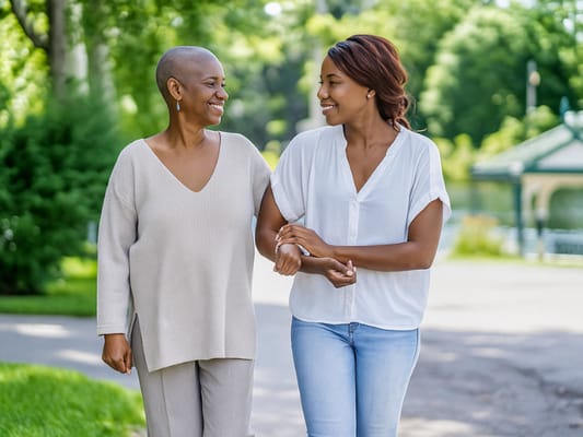 Two women walking together in a garden setting