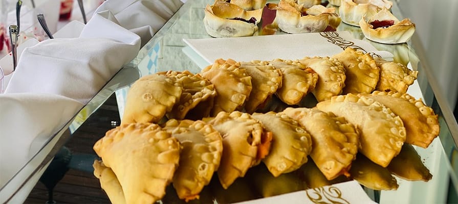 Close-up of stuffed pastries on a buffet table