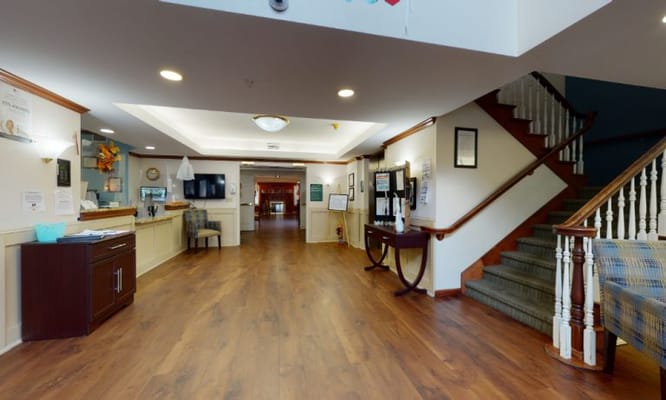 Interior view of a common area with seating and decorations