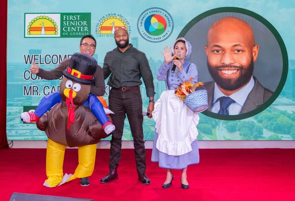 Participants in a festive event with costumes