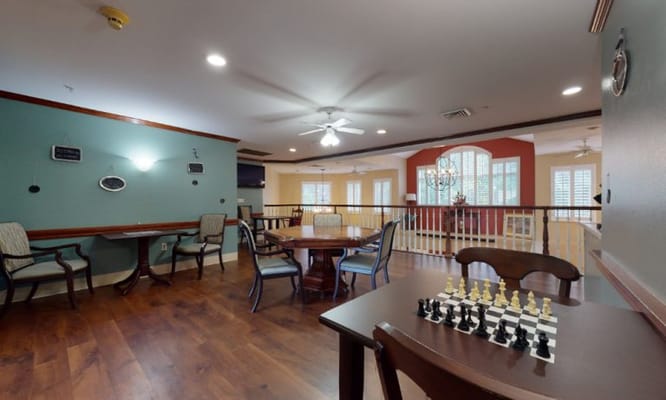 Interior common area with a chess set and seating