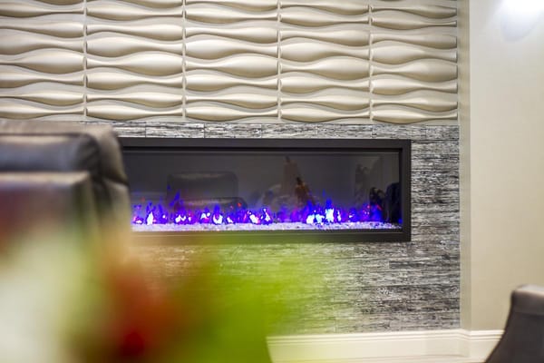 Modern interior featuring a decorative fireplace