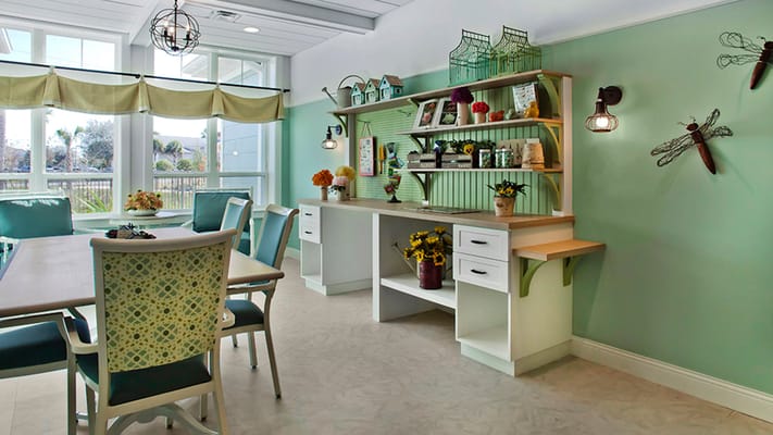 Bright, inviting interior common area with decor