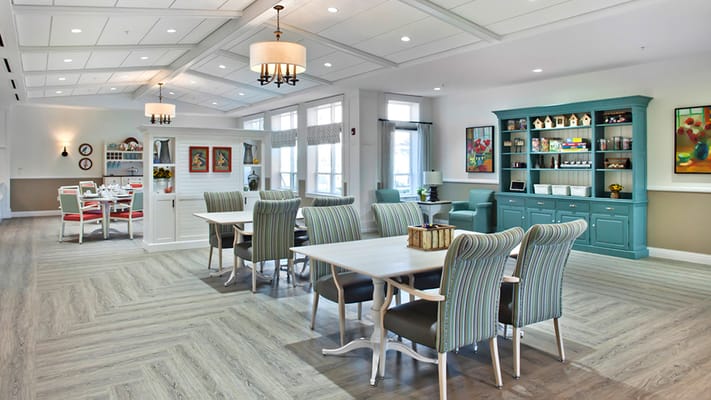 Bright and spacious common area in a senior living facility