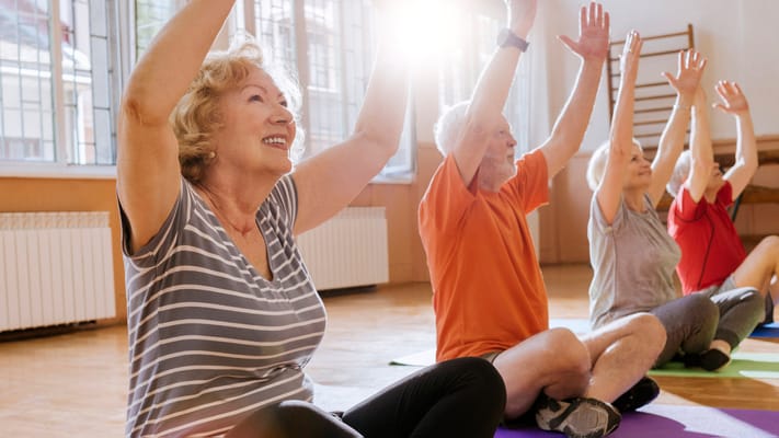 Seniors engaged in a seated exercise class
