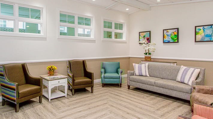 Bright and inviting common area with seating