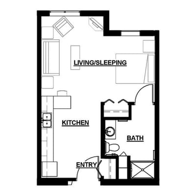 Architectural floor plan of a studio apartment